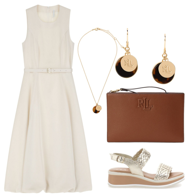 Outfit donna - Sportychic. per Tutti i giorni. Abbinamento con vestiti midi/longuette, orecchini, collane, pochette, sandali.