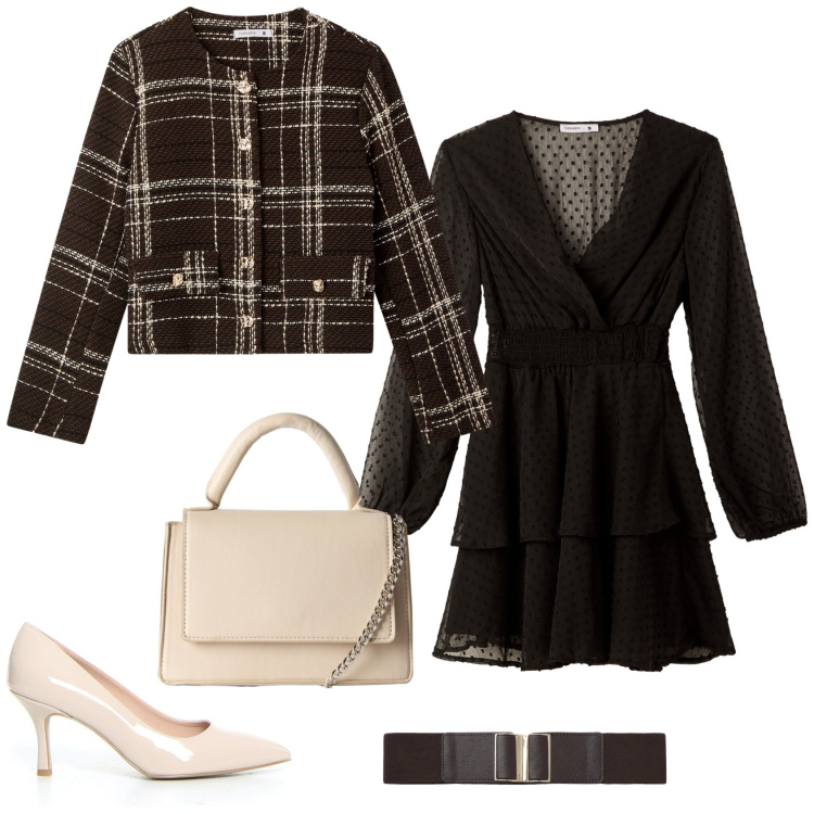 Outfit donna - Total look #2243409. Stile Chic per Tutti i giorni. Abbinamento con vestiti corti, borse a tracolla, blazer, cinture, décolleté.