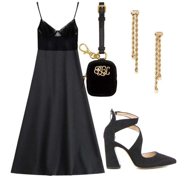 Outfit donna - Nero e oro. Stile Glamour per Cerimonia. Abbinamento con vestiti lunghi, orecchini, pochette, sandali in pelle.