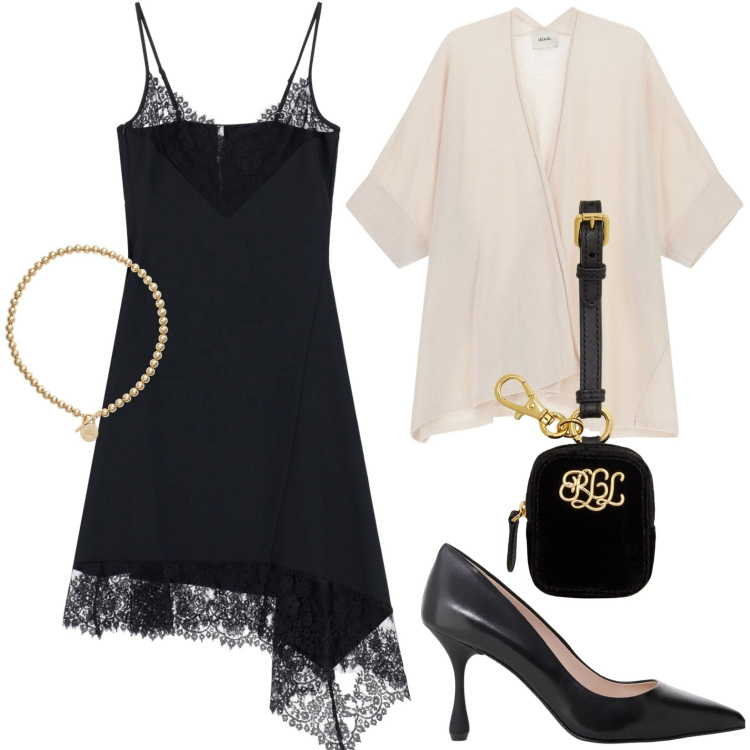 Outfit donna - Occasione serale. Stile Chic per Serata fuori. Abbinamento con vestiti asimmetrici, décolleté, cardigans, collane, pochette.
