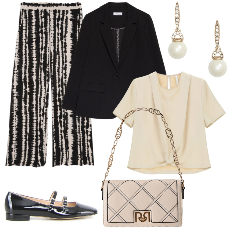 Outfit donna - Minimal chic. Stile Minimal per Ufficio. Abbinamento con borse a tracolla, bluse, orecchini, blazer, pantaloni a palazzo, ballerine.