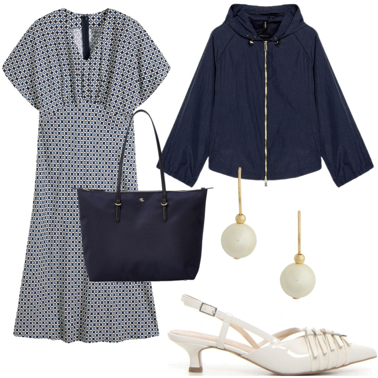 Outfit donna - Ufficio chic. Stile Bon Ton per Ufficio. Abbinamento con vestiti, borse tote, orecchini, parka, décolleté.
