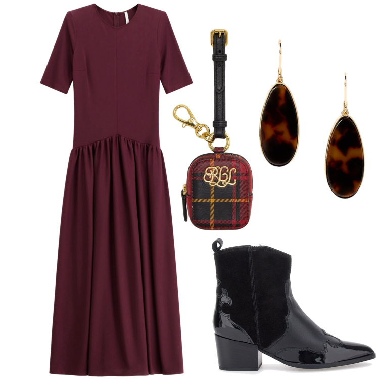 Outfit donna - Nero e oro. Stile Glamour per Cerimonia. Abbinamento con vestiti lunghi, orecchini, pochette, stivaletti texani.