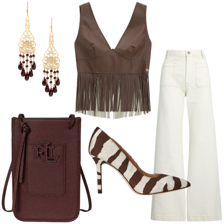 Outfit donna - Look grintoso. Stile 70s per Serata fuori. Abbinamento con top, jeans, décolleté, borse a tracolla, orecchini.