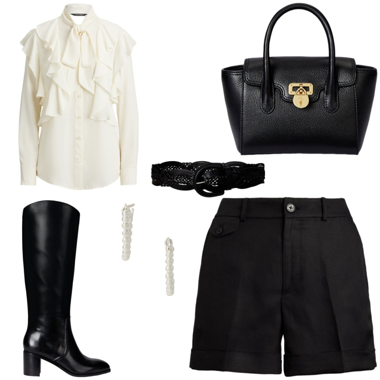 Outfit donna - Transitional season. Stile Chic per Serata fuori. Abbinamento con orecchini, borse a mano, cinture, shorts, stivali, camicie.
