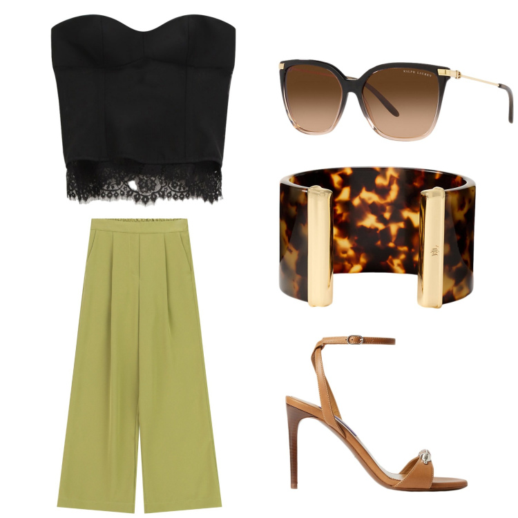 Outfit donna - Aperitivo. per Tutti i giorni. Abbinamento con top, pantaloni a palazzo, occhiali da sole, braccialetti, sandali col tacco.