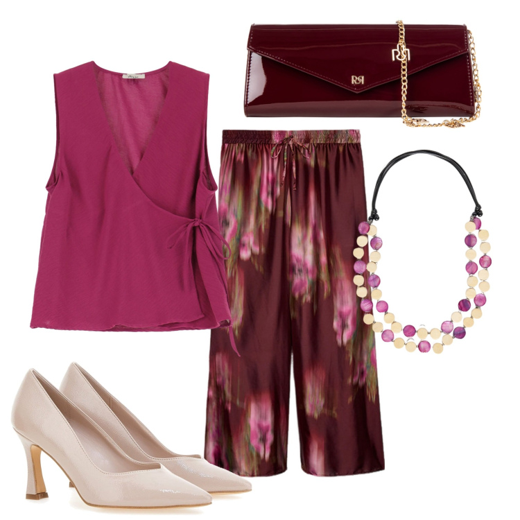 Outfit donna - Una cena fuori. Stile Casual per Tutti i giorni. Abbinamento con pochette, top, pantaloni a palazzo, décolleté, collane.