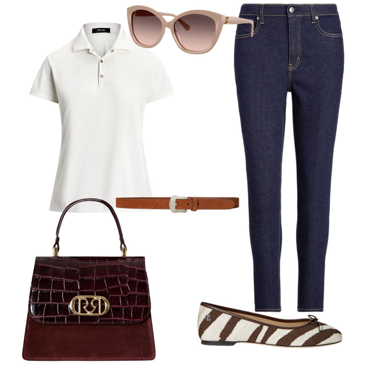 Outfit donna - Tempo libero casual chic. Stile Casual per Tutti i giorni. Abbinamento con borse a mano, jeans skinny, polo, ballerine, occhiali da sole, cinture.