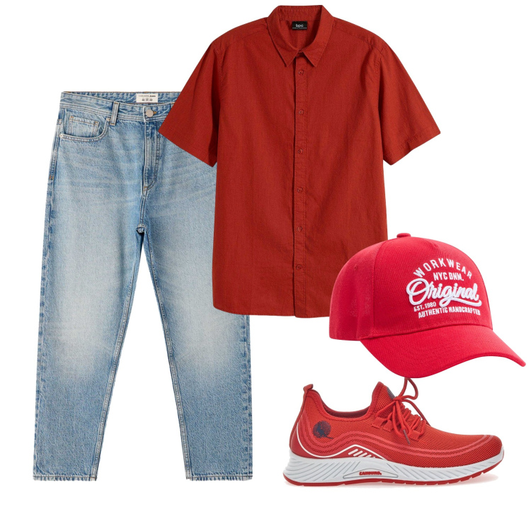 Outfit uomo - Un outfit semplice. Stile Casual per Tutti i giorni. Abbinamento con camicie a manica corta, cappelli, jeans dritti, sneakers.