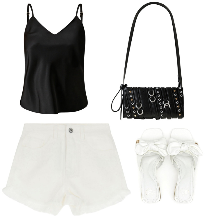 Outfit donna - Trendy in bianco e nero. Stile Casual chic per Tutti i giorni. Abbinamento con top, borse a spalla, shorts, ciabatte.