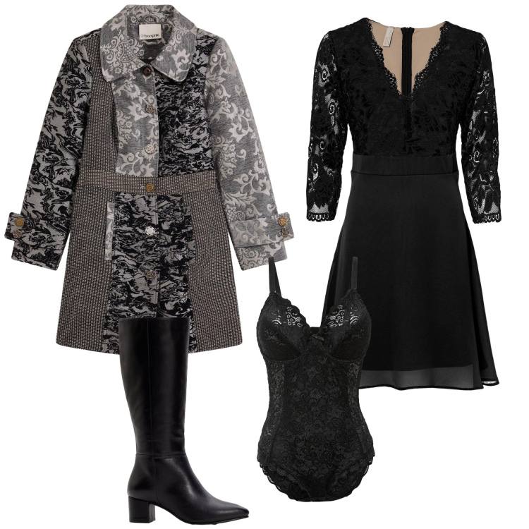 Outfit donna - Serata speciale in pizzo nero. Stile Vintage retrò per Serata fuori. Abbinamento con vestiti midi/longuette, cappotti, body, stivali.