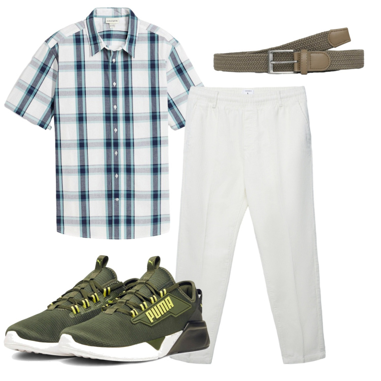 Outfit uomo - Country chic con camicia a quadri. Stile Casual Abbinamento con camicie a manica corta, cinture, pantaloni, sneakers.