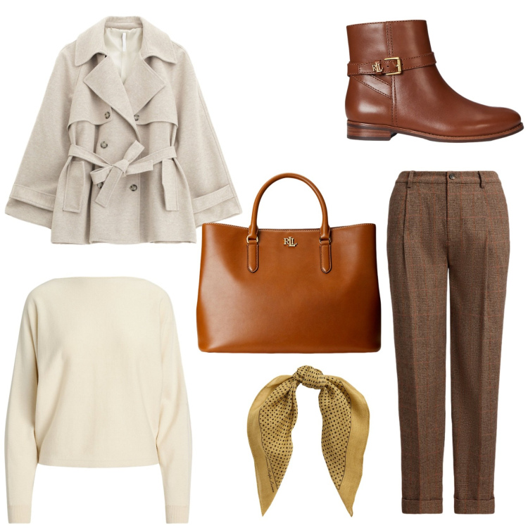 Outfit donna - Eleganza British. Stile Chic per Tutti i giorni. Abbinamento con trench, borse a mano, foulard, stivaletti, pantaloni, maglieria.