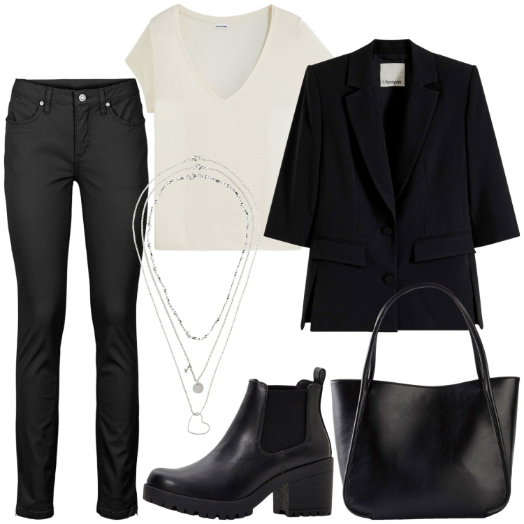 Outfit donna - Giacca passepartout. Stile Rock per Tutti i giorni. Abbinamento con jeans skinny, blazer, t-shirt, stivaletti chelsea, collane, shopping bag.