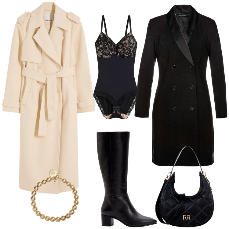 Outfit donna - Bin ton ufficio evento serata. Stile Bon Ton per Ufficio. Abbinamento con trench, body, stivali, vestiti midi/longuette, borse a tracolla, braccialetti.