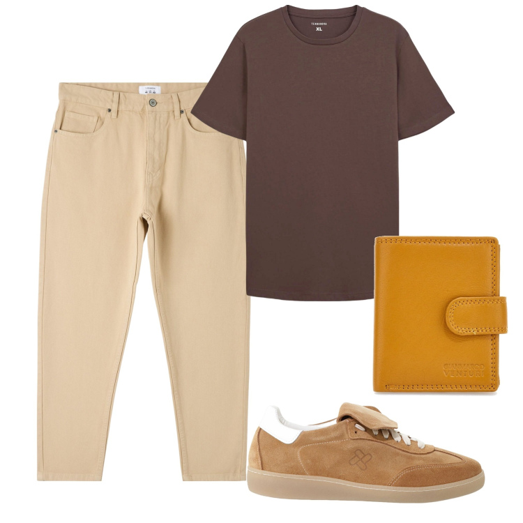 Outfit uomo - Aperitivo di fine estate in terrazza. Stile Trendy per Tutti i giorni. Abbinamento con pantaloni, t-shirt, sneakers, portafogli.