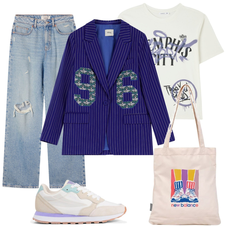 Outfit donna - Blazer stile college. Stile Trendy per Scuola/Università. Abbinamento con t-shirt, jeans strappati, shopping bag, blazer, sneakers.
