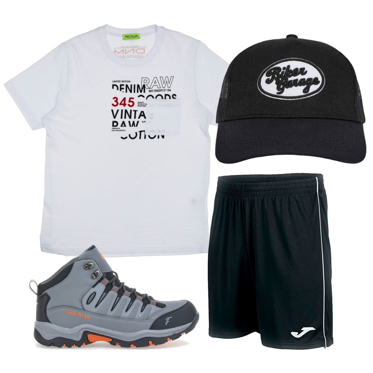 Outfit uomo - Sportivo per il giorno. Stile Casual per Tutti i giorni. Abbinamento con cappelli, t-shirt, stivali e stivaletti, pantaloni corti.