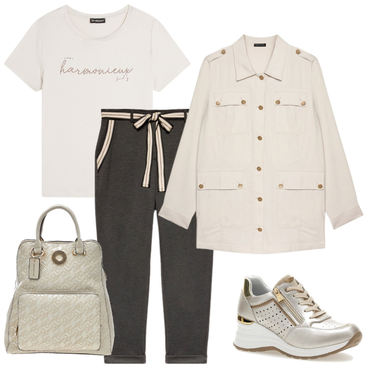 Outfit donna - Rilassata. Stile Sporty chic per Tutti i giorni. Abbinamento con t-shirt, pantaloni chino, blazer, scarpe stringate, zaini.