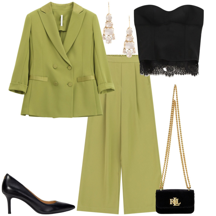 Outfit donna - Chic serata evento speciale. Stile Chic per Serata fuori. Abbinamento con top, blazer, pantaloni a palazzo, pochette, orecchini, décolleté.