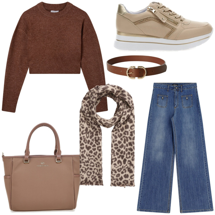 Outfit donna - Un tocco di animalier. Stile Casual chic per Tutti i giorni. Abbinamento con maglieria, cinture, sciarpe, jeans, borse a tracolla, sneakers.
