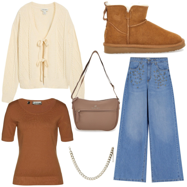 Outfit donna - Outfit inspiration. Stile Casual per Tutti i giorni. Abbinamento con maglieria, cardigans, collane, jeans, stivaletti, borse a tracolla.