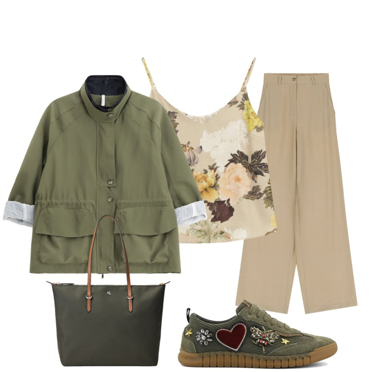 Outfit donna - In città. Stile Casual chic per Tutti i giorni. Abbinamento con parka, top, pantaloni, borse tote, sneakers.