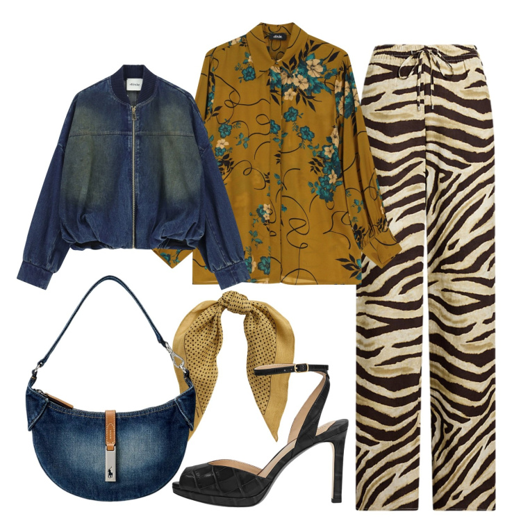 Outfit donna - Combo Denim mix & match. Stile Trendy per Serata fuori. Abbinamento con camicie, blazer, borse a spalla, foulard, sandali in pelle, pantaloni.