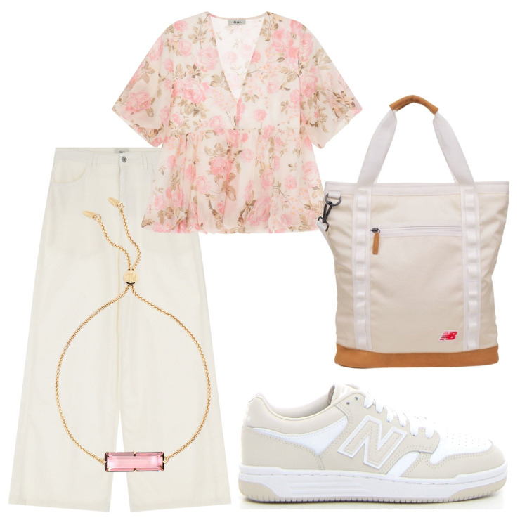 Outfit donna - Total look #2243469. Stile Casual chic per Scuola/Università. Abbinamento con shopping bag, braccialetti, pantaloni, top, sneakers.