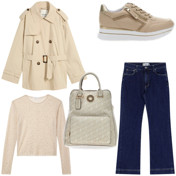 Outfit donna - Ripartire con stile. Stile Casual chic per Tutti i giorni. Abbinamento con trench, maglieria, jeans a zampa, sneakers, zaini.