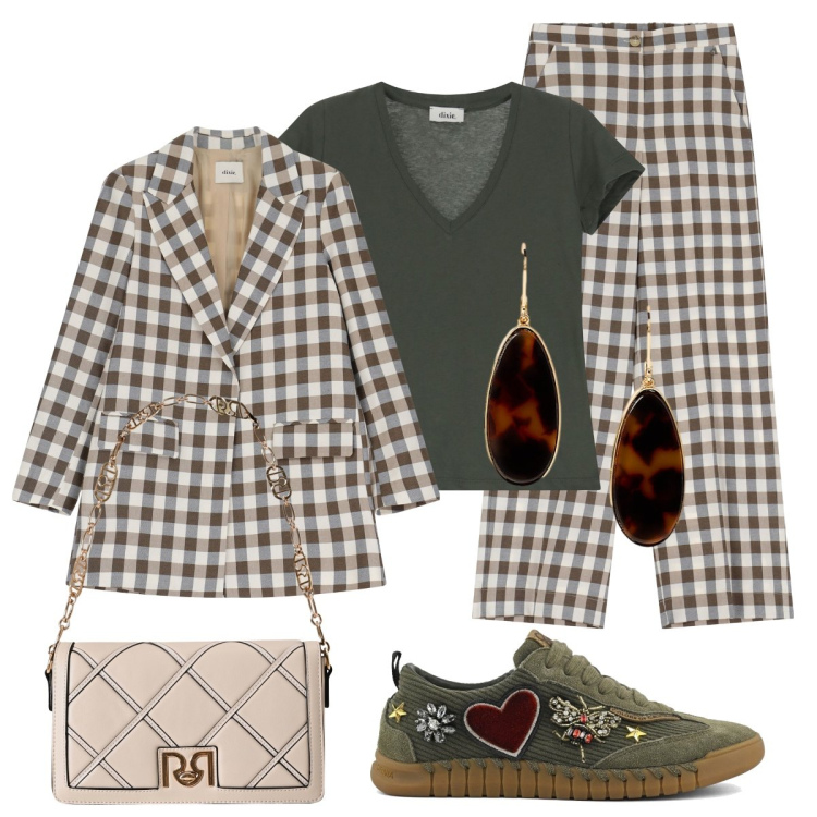 Outfit donna - Total look #2243472. Stile Glamour per Tutti i giorni. Abbinamento con borse a tracolla, t-shirt, pantaloni, blazer, orecchini, sneakers.