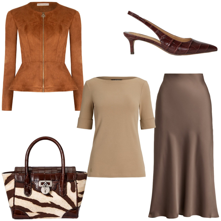 Outfit donna - Tessuti in contrasto. Stile Trendy per Serata fuori. Abbinamento con blazer, gonne, borse a mano, décolleté, t-shirt.