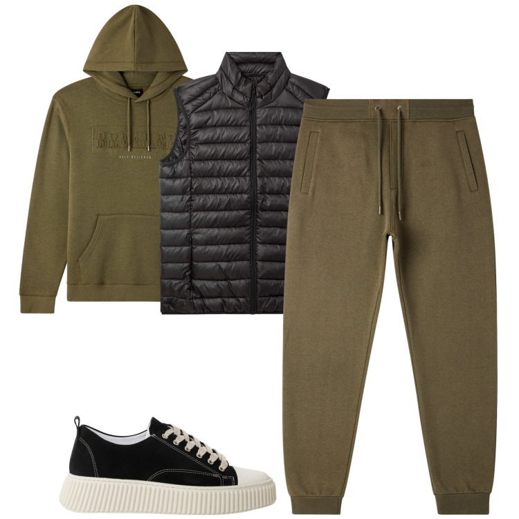 Outfit uomo - Outdoor. Stile Casual per Tutti i giorni. Abbinamento con piumini, felpe con cappuccio, pantaloni, sneakers.