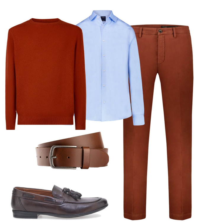 Outfit uomo - Fall. Stile Trendy per Tutti i giorni. Abbinamento con cinture, pantaloni, camicie, maglieria, scarpe stringate.