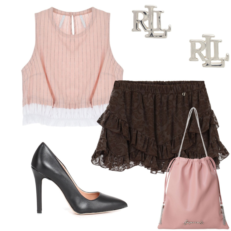 Outfit donna - Ancora aperitivo all aperto. Stile Glamour per Serata fuori. Abbinamento con borse a secchiello, top, minigonne, orecchini, décolleté.