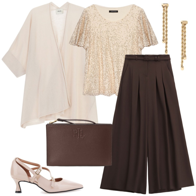 Outfit donna - Linee morbide. Stile Casual chic per Tutti i giorni. Abbinamento con pantaloni a palazzo, cardigans, orecchini, pochette, t-shirt, décolleté.