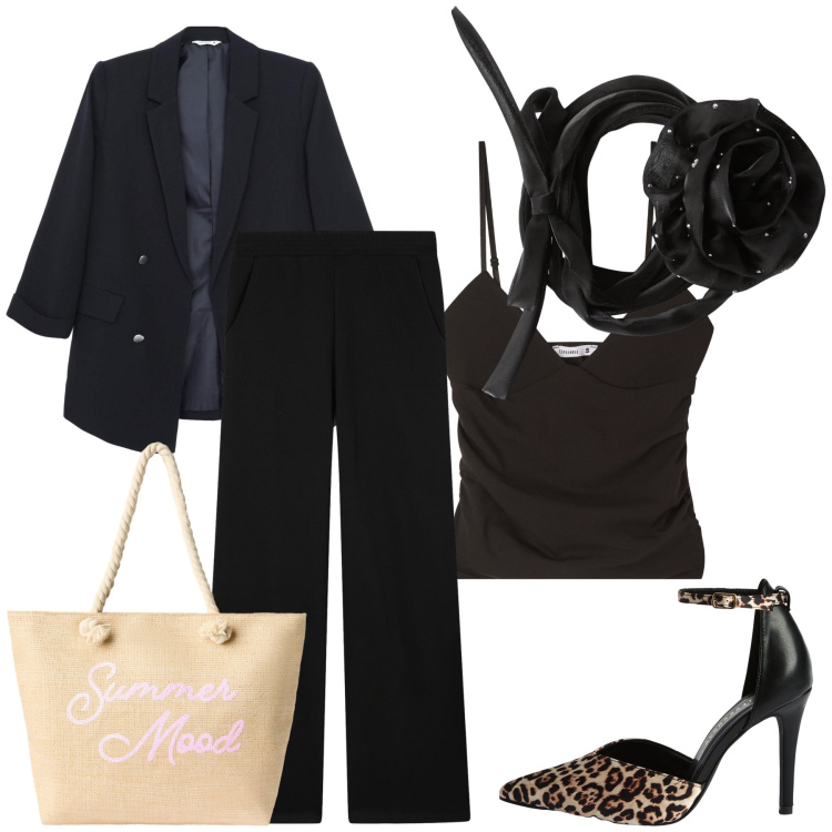Outfit donna - Invito serale in Terranova. Stile Glamour per Serata fuori. Abbinamento con pantaloni, blazer, collane, décolleté, canottiere, borse tote.