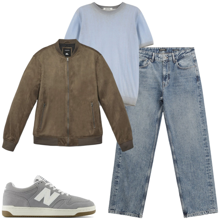 Outfit uomo - Settembre. Stile Casual per Tutti i giorni. Abbinamento con giacche, sneakers, maglieria, jeans dritti.