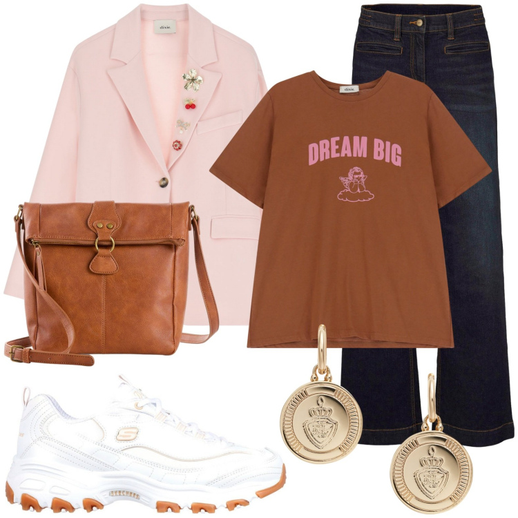 Outfit donna - Sognando in grande. Stile Casual chic per Tutti i giorni. Abbinamento con jeans, borse a tracolla, blazer, t-shirt, orecchini, sneakers.