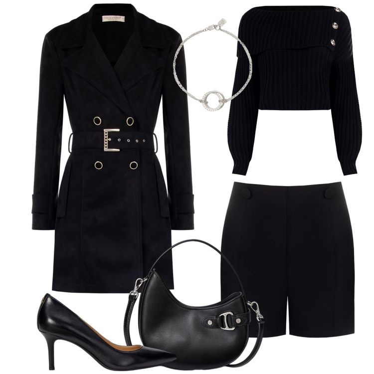 Outfit donna - Il trench effetto camoscio. Stile Minimal per Tutti i giorni. Abbinamento con shorts, trench, maglieria, décolleté, braccialetti, borse a tracolla.