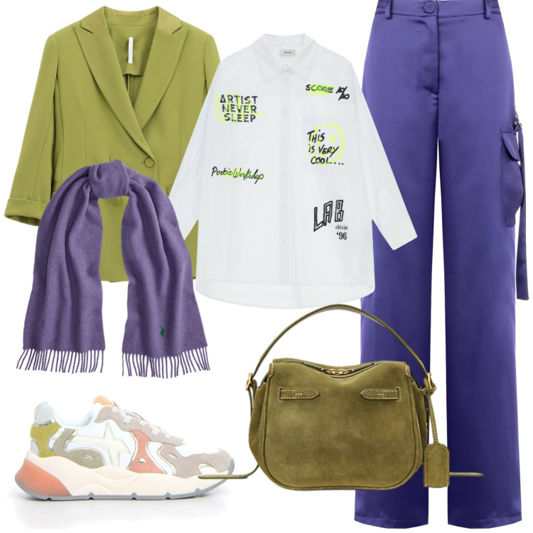 Outfit donna - Doppia V. Stile Casual per Tutti i giorni. Abbinamento con pantaloni cargo, blazer, camicie, sciarpe, borse a mano, sneakers.