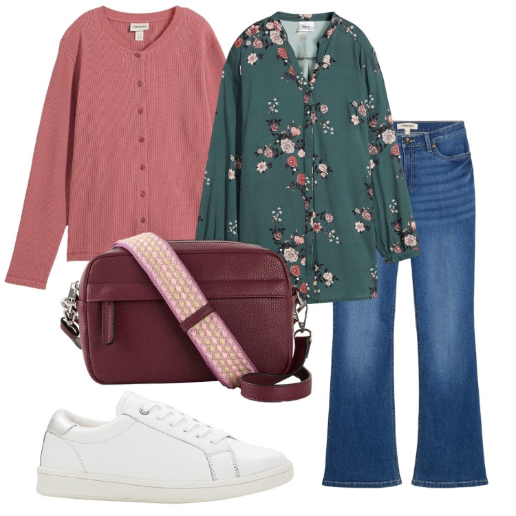 Outfit donna - La camicia a fiori. Stile Casual per Tutti i giorni. Abbinamento con jeans bootcut, borse a tracolla, camicie, sneakers, cardigans.