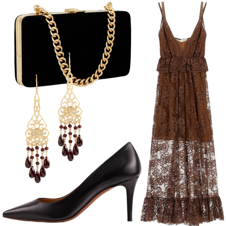 Outfit donna - Invitata speciale. Stile Glamour per Cerimonia. Abbinamento con vestiti lunghi, clutch, décolleté, orecchini.