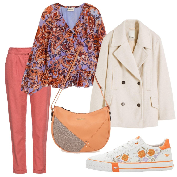 Outfit donna - La blusa fantasia. Stile Casual chic per Tutti i giorni. Abbinamento con bluse, caban, pantaloni, sneakers, borse a tracolla.