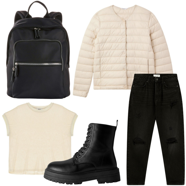 Outfit donna - Rock tra i banchi. Stile Minimal per Scuola/Università. Abbinamento con zaini, piumini, anfibi, jeans mom, t-shirt.