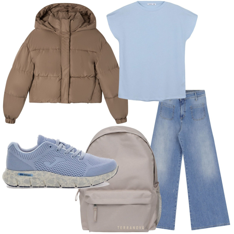 Outfit donna - sportiva. Stile Minimal per Scuola/Università. Abbinamento con zaini, bomber, t-shirt, jeans, sneakers.