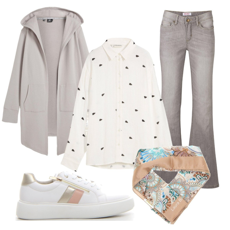 Outfit donna - La camicia coi cuoricini. Stile Casual per Tutti i giorni. Abbinamento con jeans bootcut, blazer, camicie, foulard, sneakers.