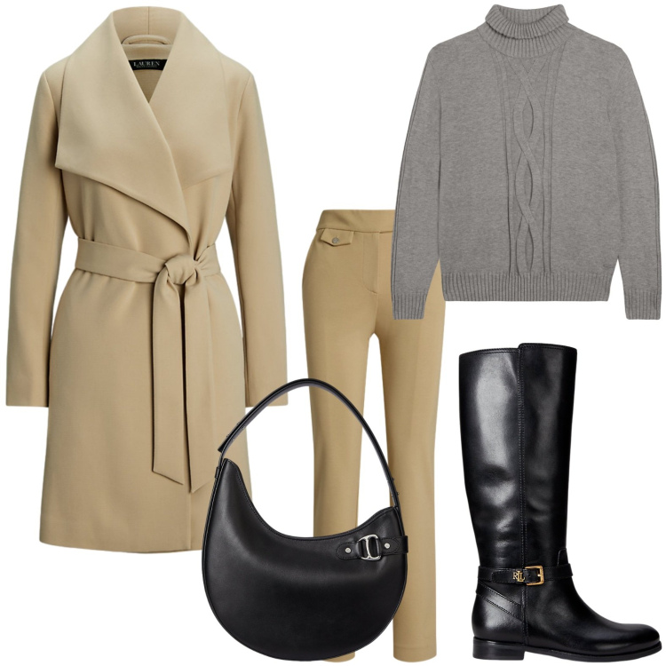 Outfit donna - Sofisticata in ufficio. Stile Chic per Ufficio. Abbinamento con maglieria, cappotti, pantaloni, stivali, borse a spalla.