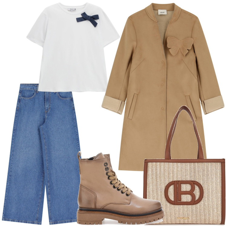 Outfit donna - Il cappotto originale. Stile Glamour per Ufficio. Abbinamento con t-shirt, cappotti, jeans, anfibi, borse a spalla.
