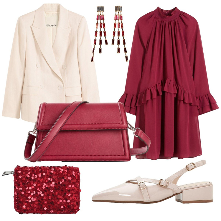 Outfit donna - Cerimonia a settembre. Stile Chic per Cerimonia. Abbinamento con blazer, vestiti, décolleté, orecchini, borse a tracolla, portafogli.